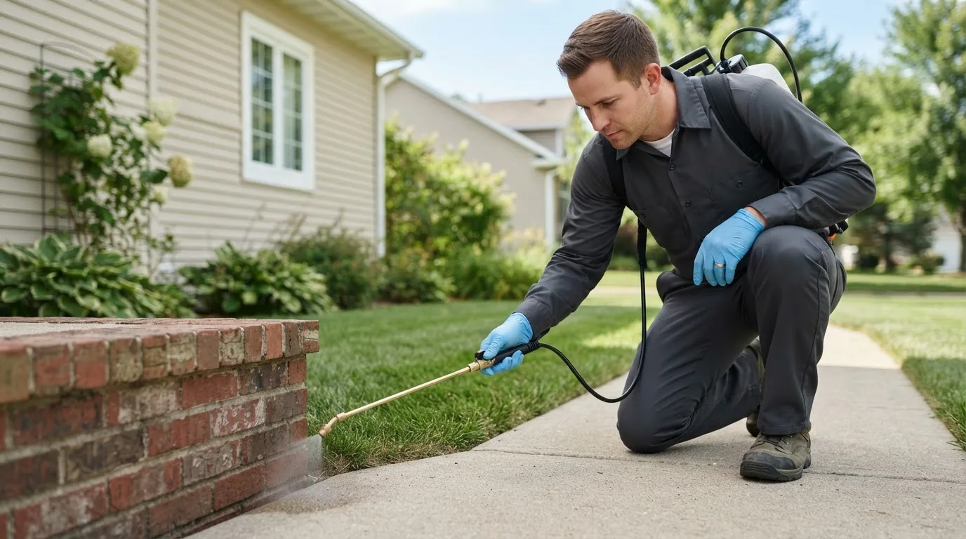 Pest control technician treating a home near Lake Peekskill, NY